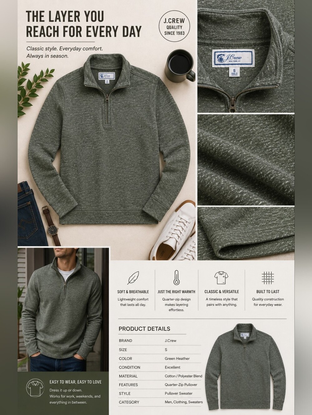 J.Crew Factory Green Heather Quarter Zip Pullover Sweater Size Small